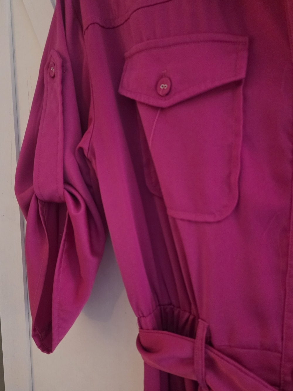 Button-Front Magenta Utility Jumpsuit with Tie Waist - Picture 3 of 7